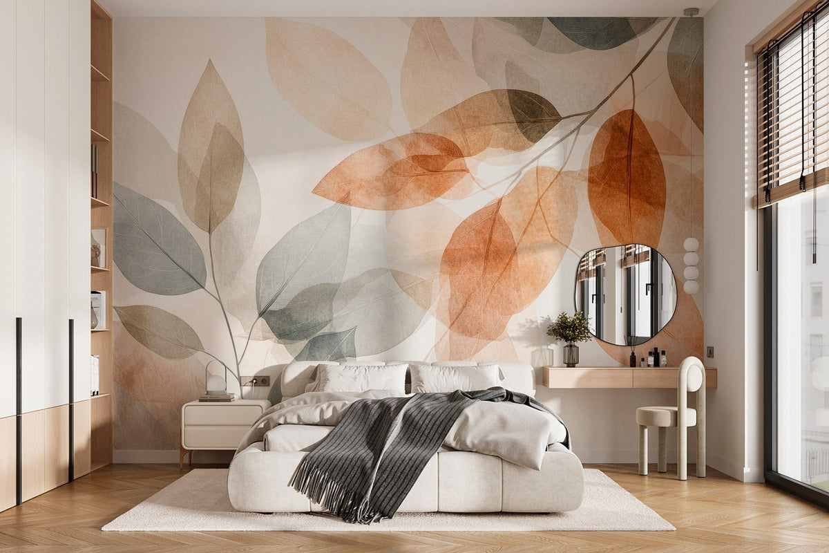 Papier peint Feuilles ambre et gris