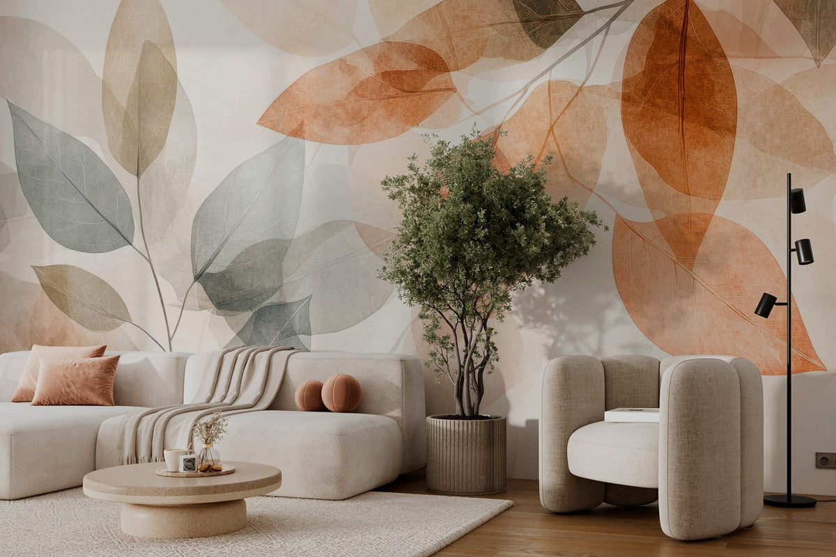 Papier peint Feuilles ambre et gris