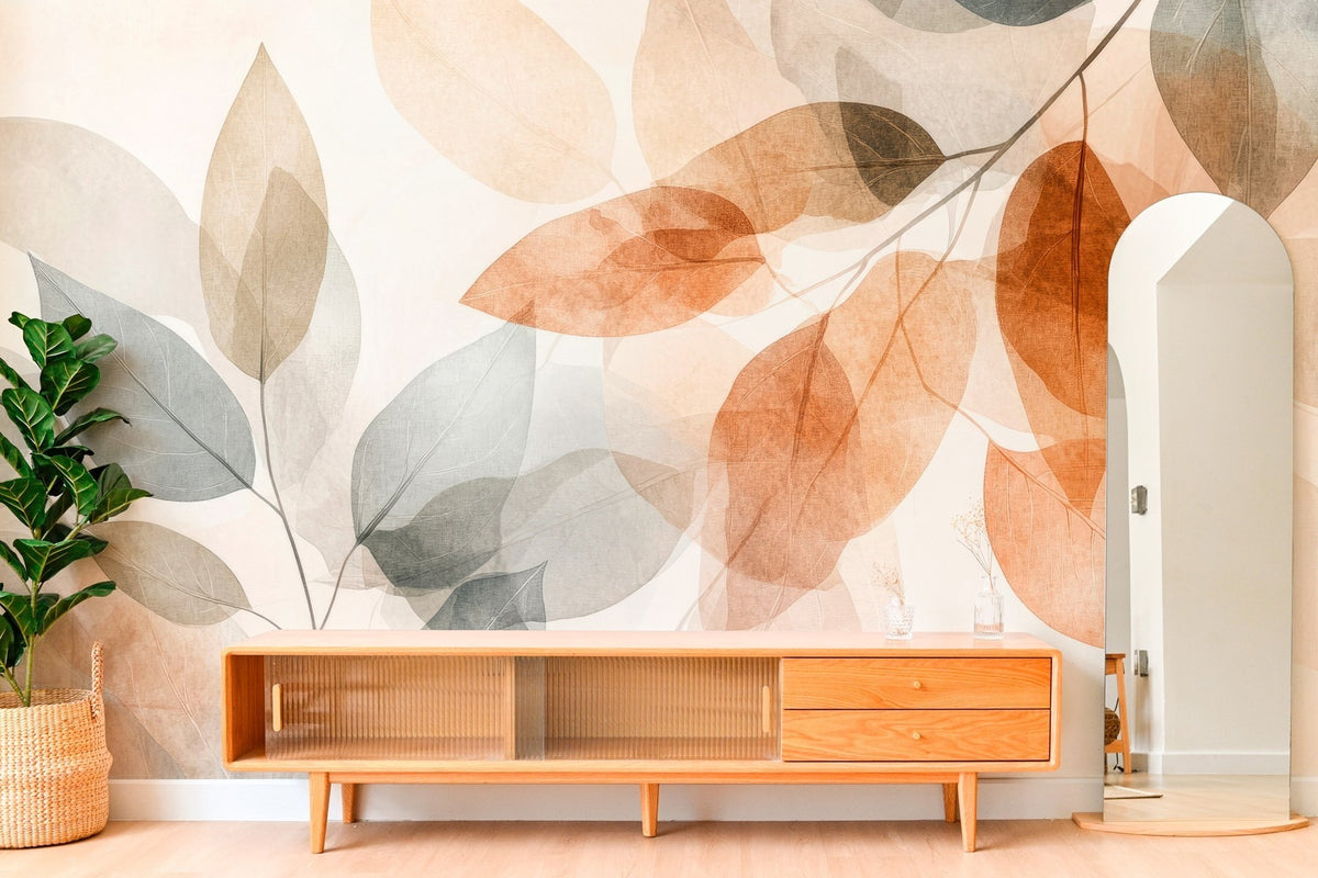Papier peint Feuilles ambre et gris