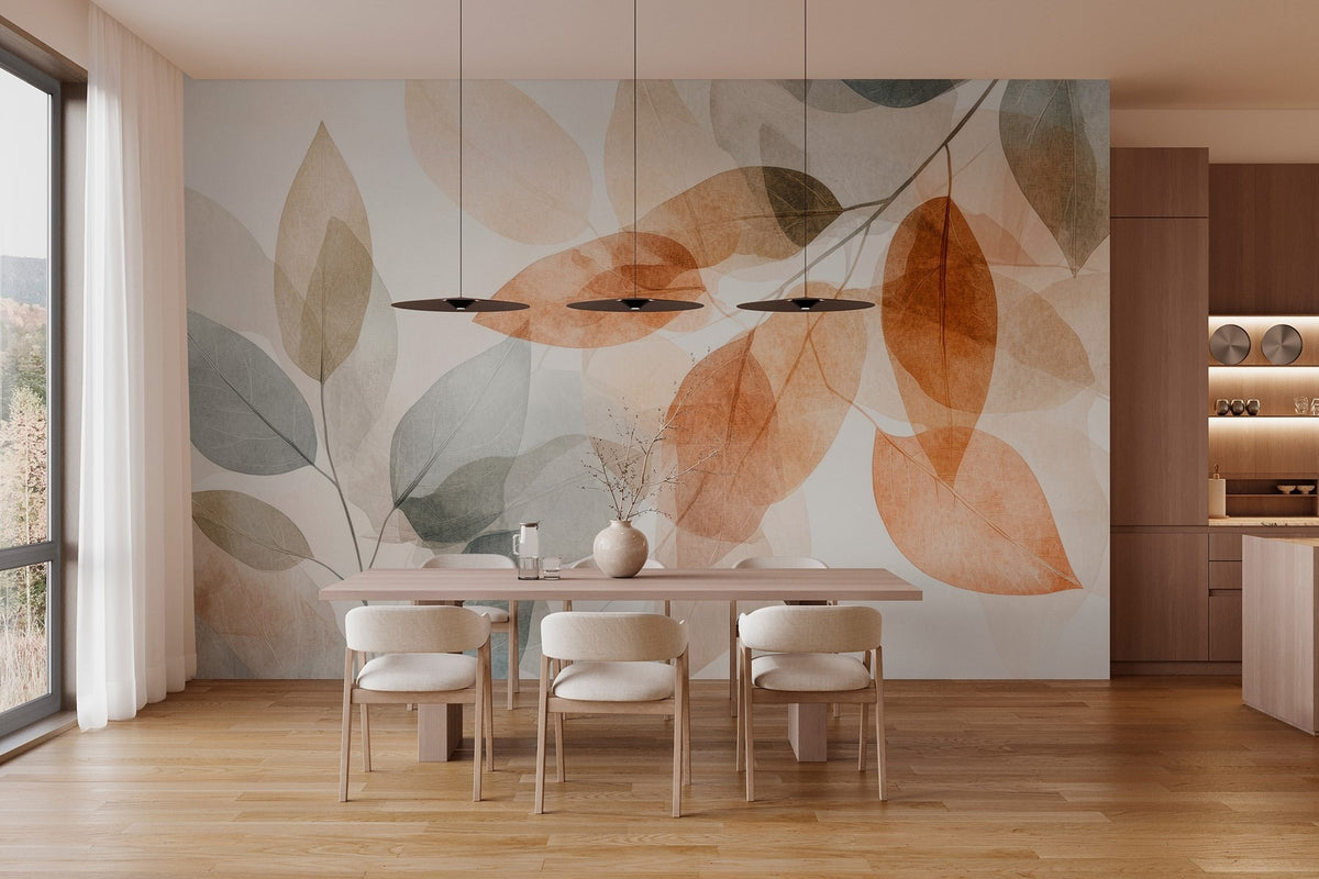 Papier peint Feuilles ambre et gris