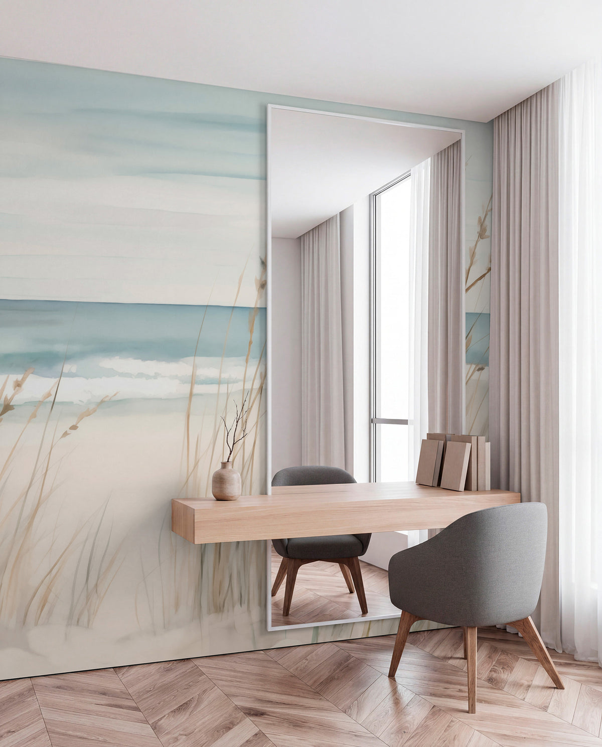Papier peint Derrière les herbes du rivage