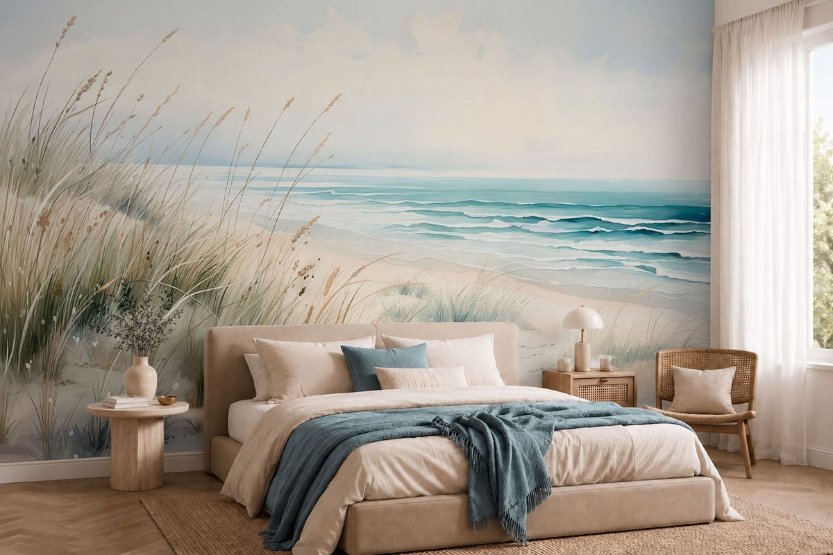 Papier peint Herbes des dunes et mer azur