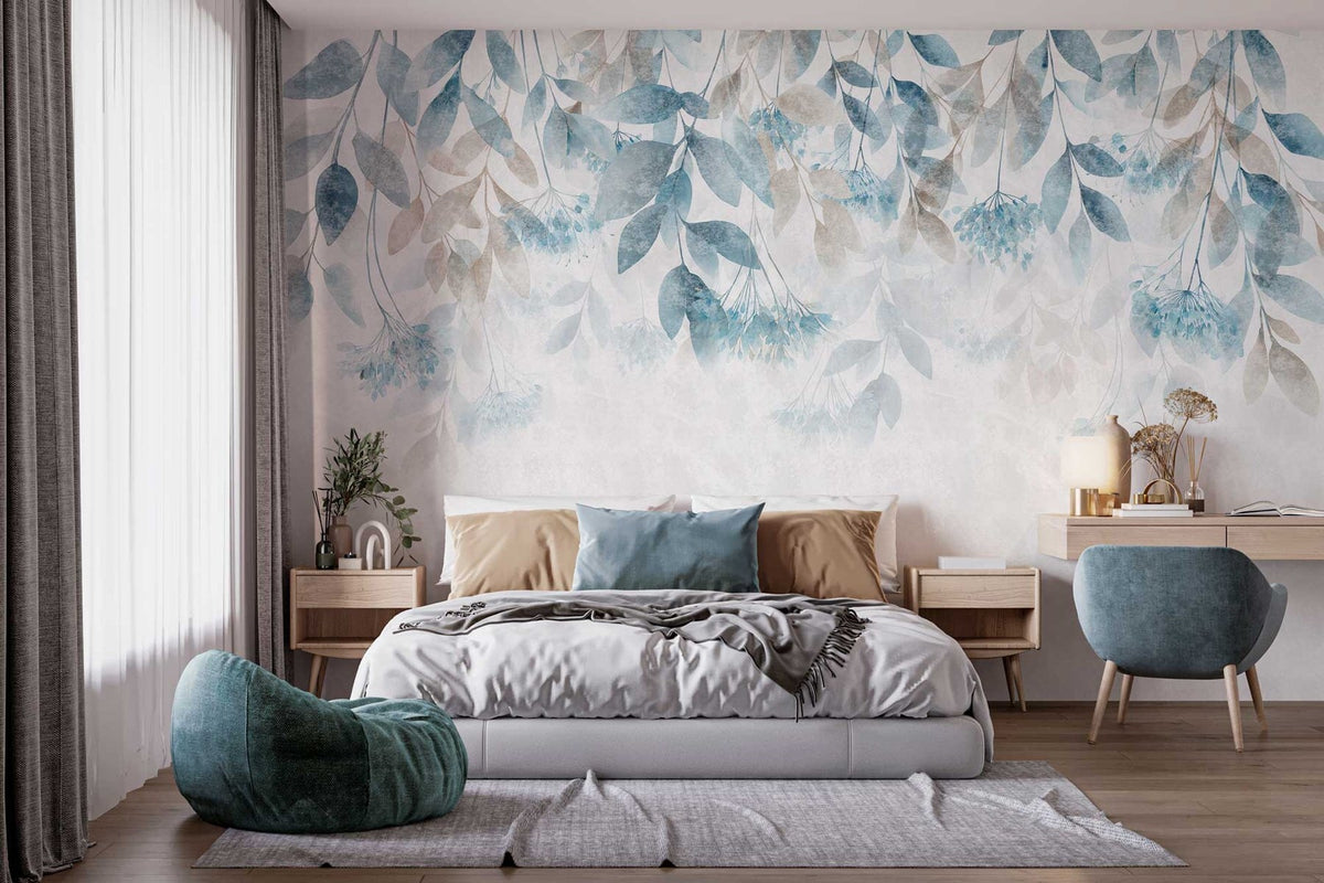 Papier peint Cascade de feuilles turquoise
