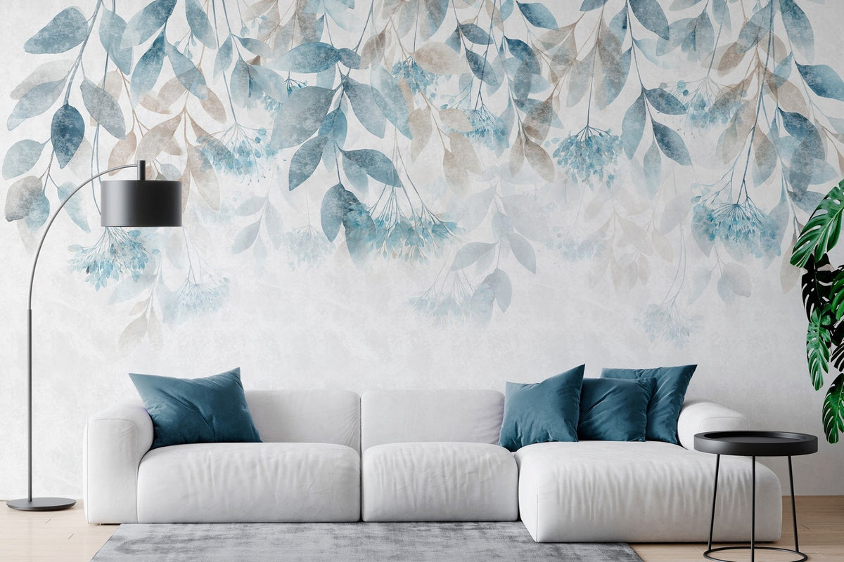 Papier peint Cascade de feuilles turquoise