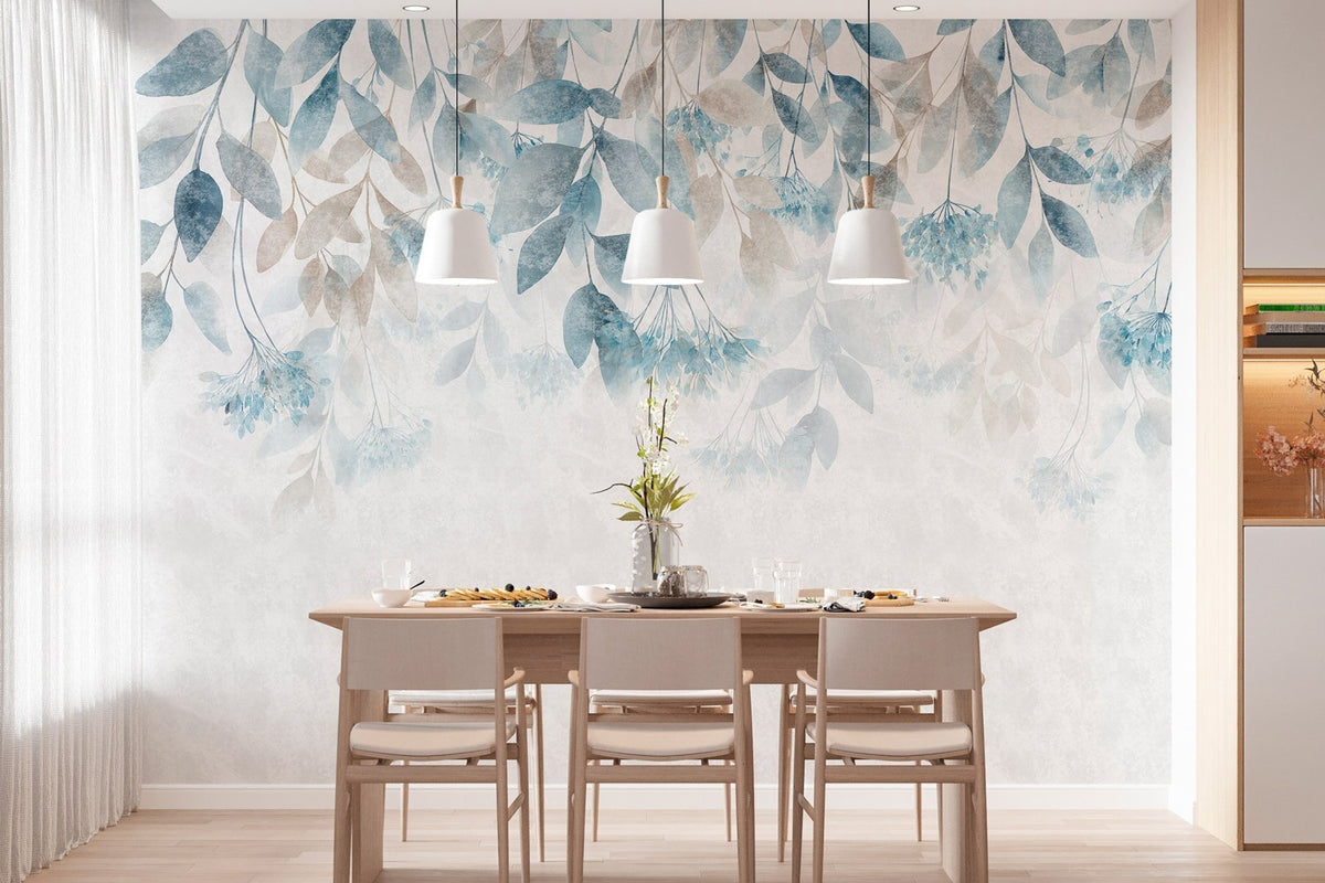 Papier peint Cascade de feuilles turquoise