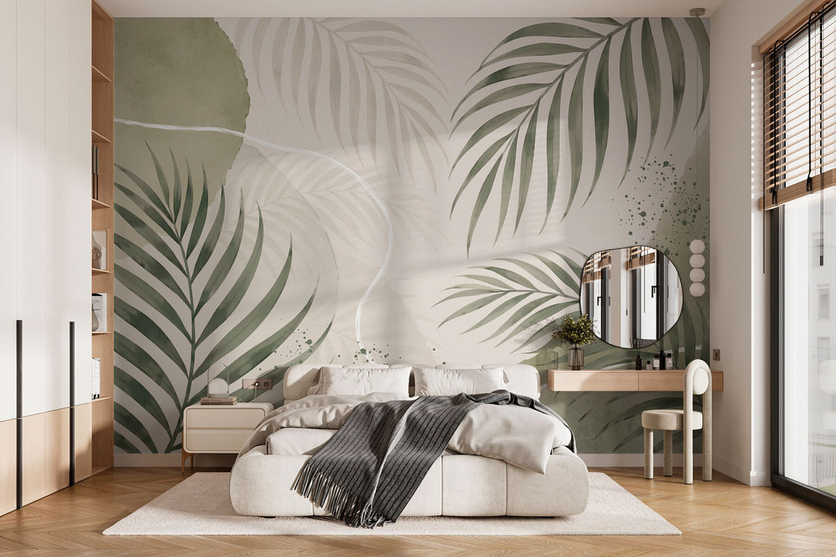 Papier peint Courbes de palmes olive
