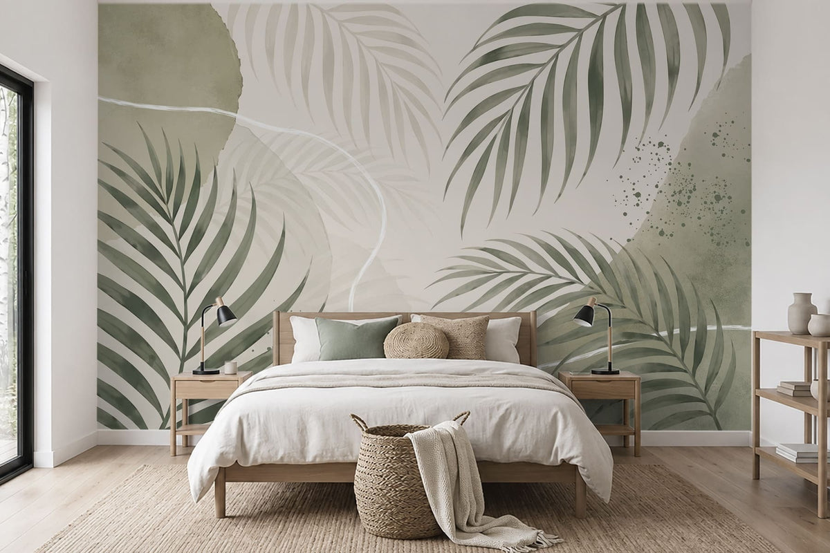 Papier peint Courbes de palmes olive