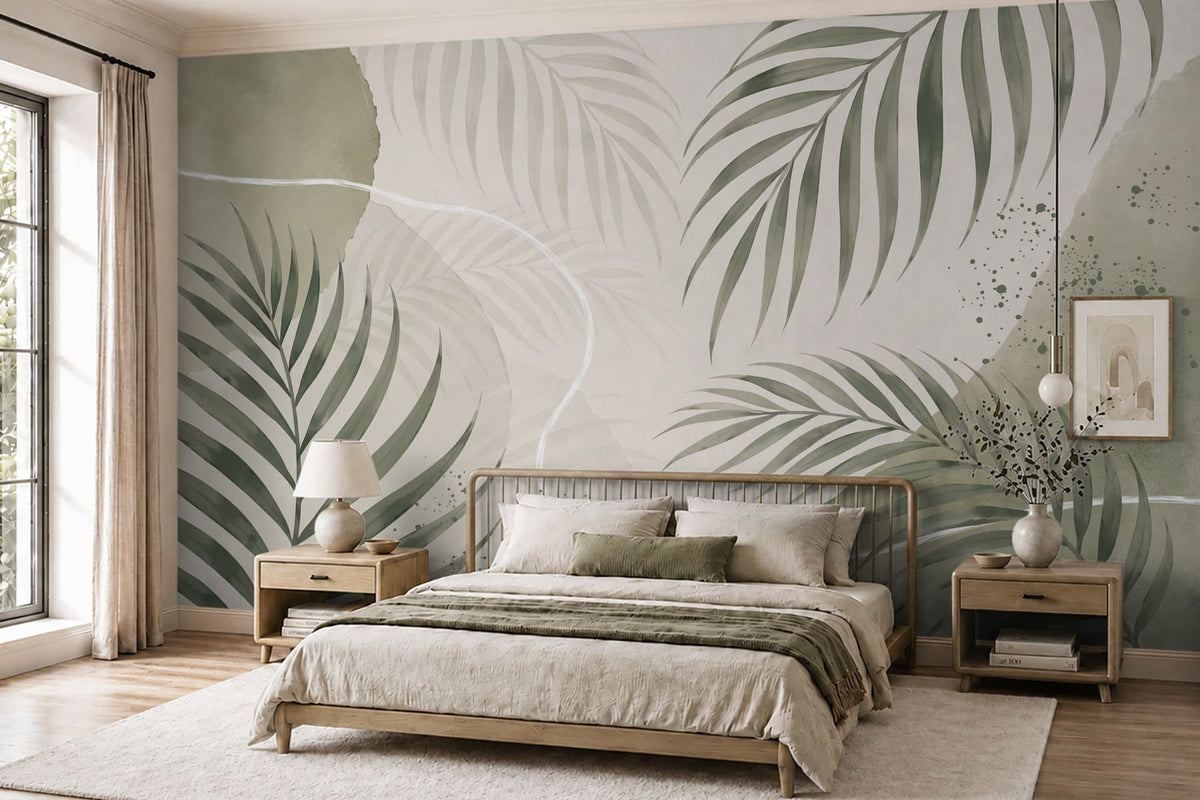 Papier peint Courbes de palmes olive