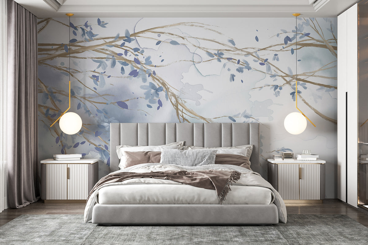 Papier peint Rameaux fleuris bleus