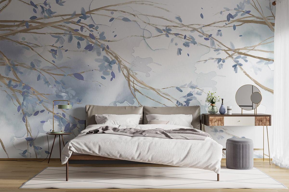 Papier peint Rameaux fleuris bleus
