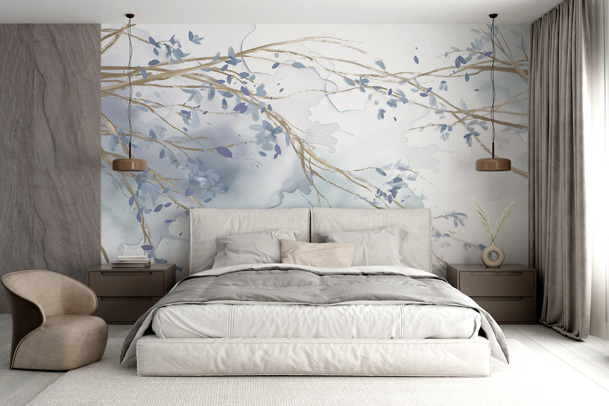Papier peint Rameaux fleuris bleus