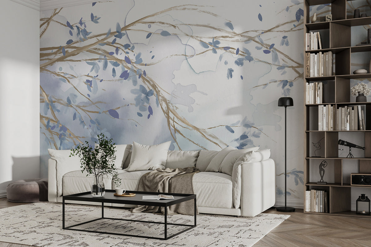 Papier peint Rameaux fleuris bleus