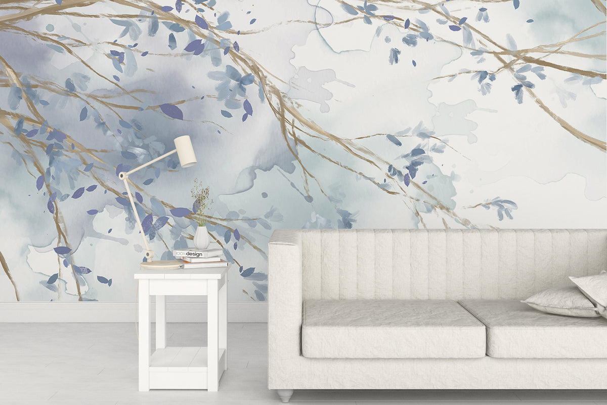 Papier peint Rameaux fleuris bleus