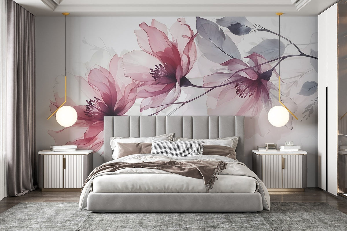Papier peint Fleurs sous un voile rose