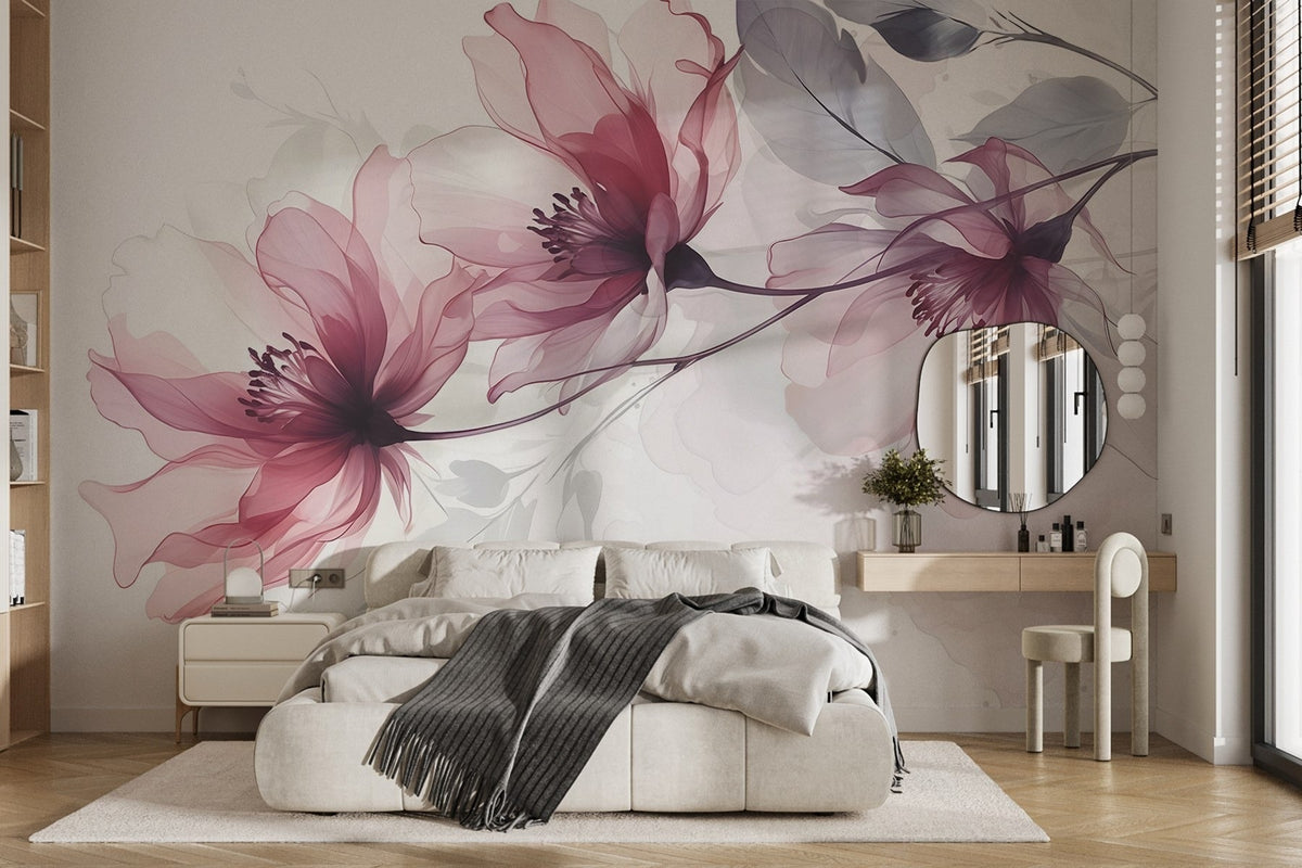 Papier peint Fleurs sous un voile rose