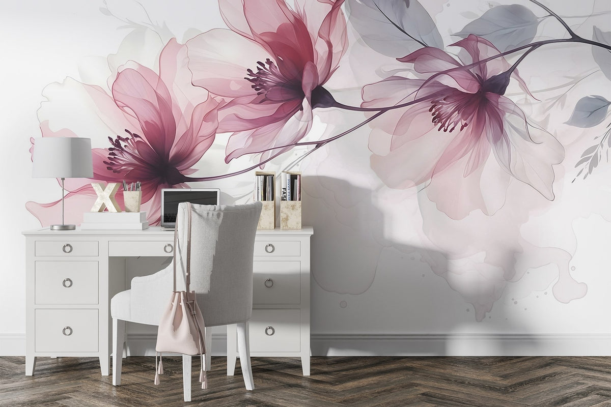 Papier peint Fleurs sous un voile rose