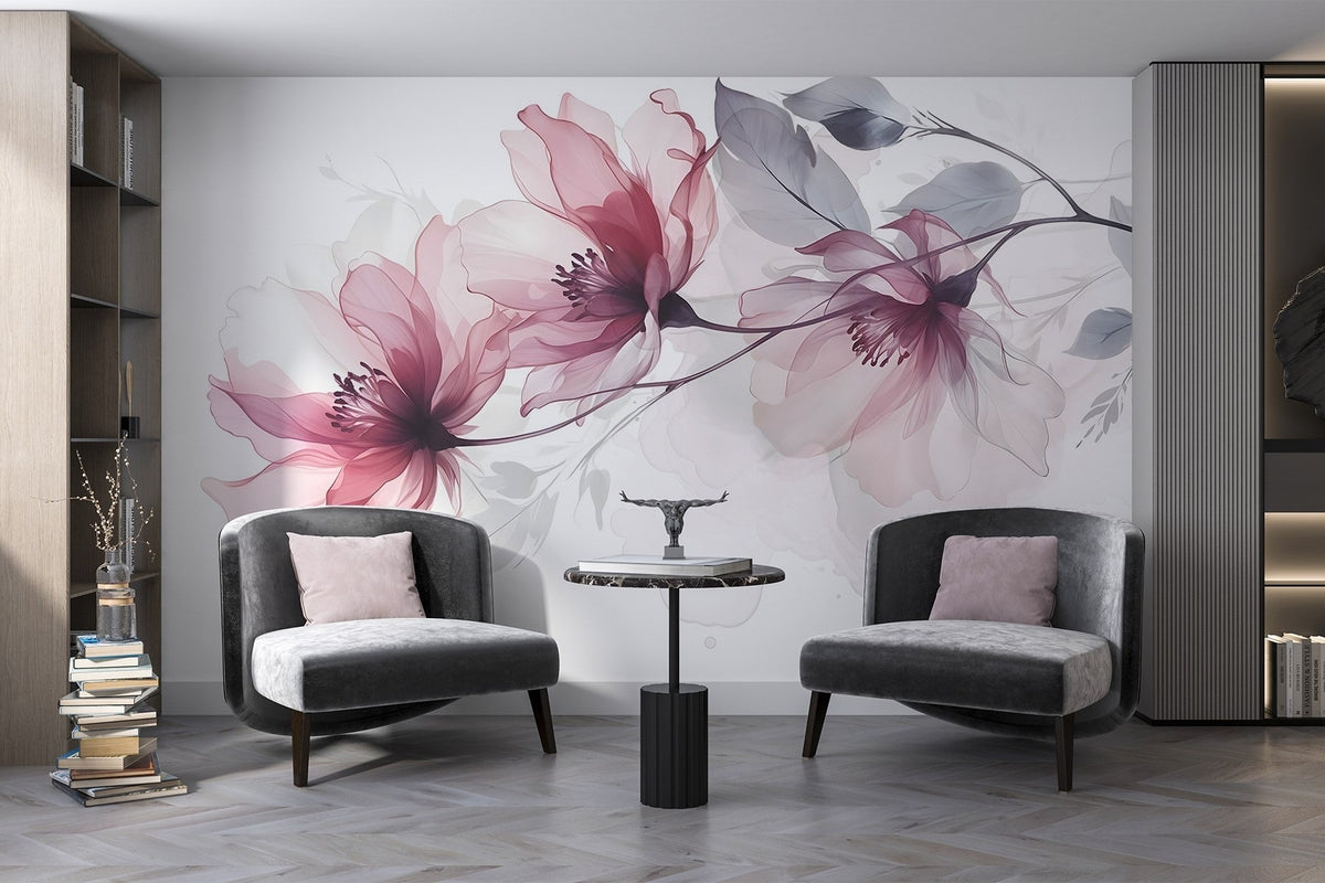 Papier peint Fleurs sous un voile rose