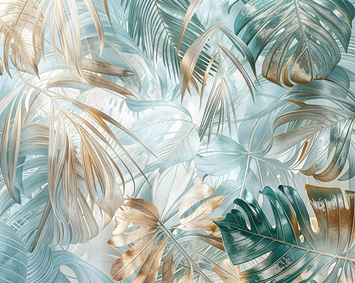 Papier peint Entrelacs tropicaux turquoise — mise en situation