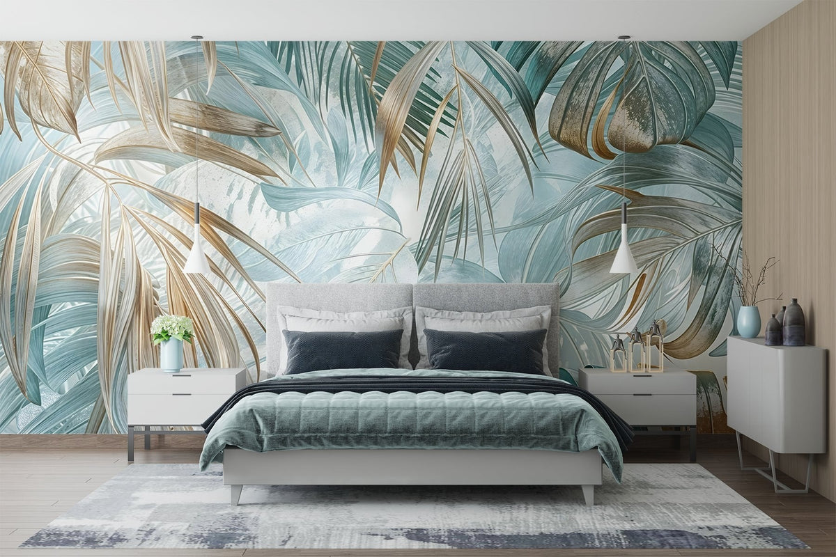 Papier peint Entrelacs tropicaux turquoise