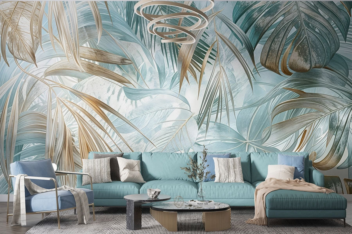 Papier peint Entrelacs tropicaux turquoise