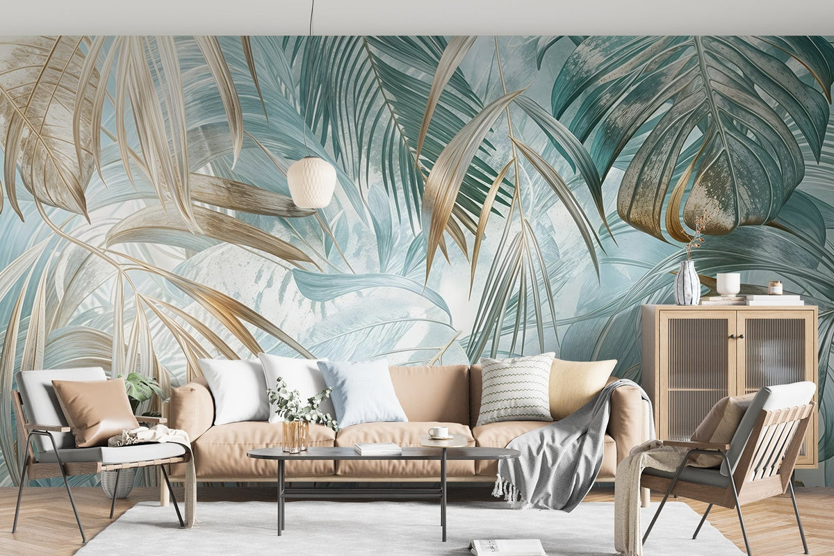 Papier peint Entrelacs tropicaux turquoise