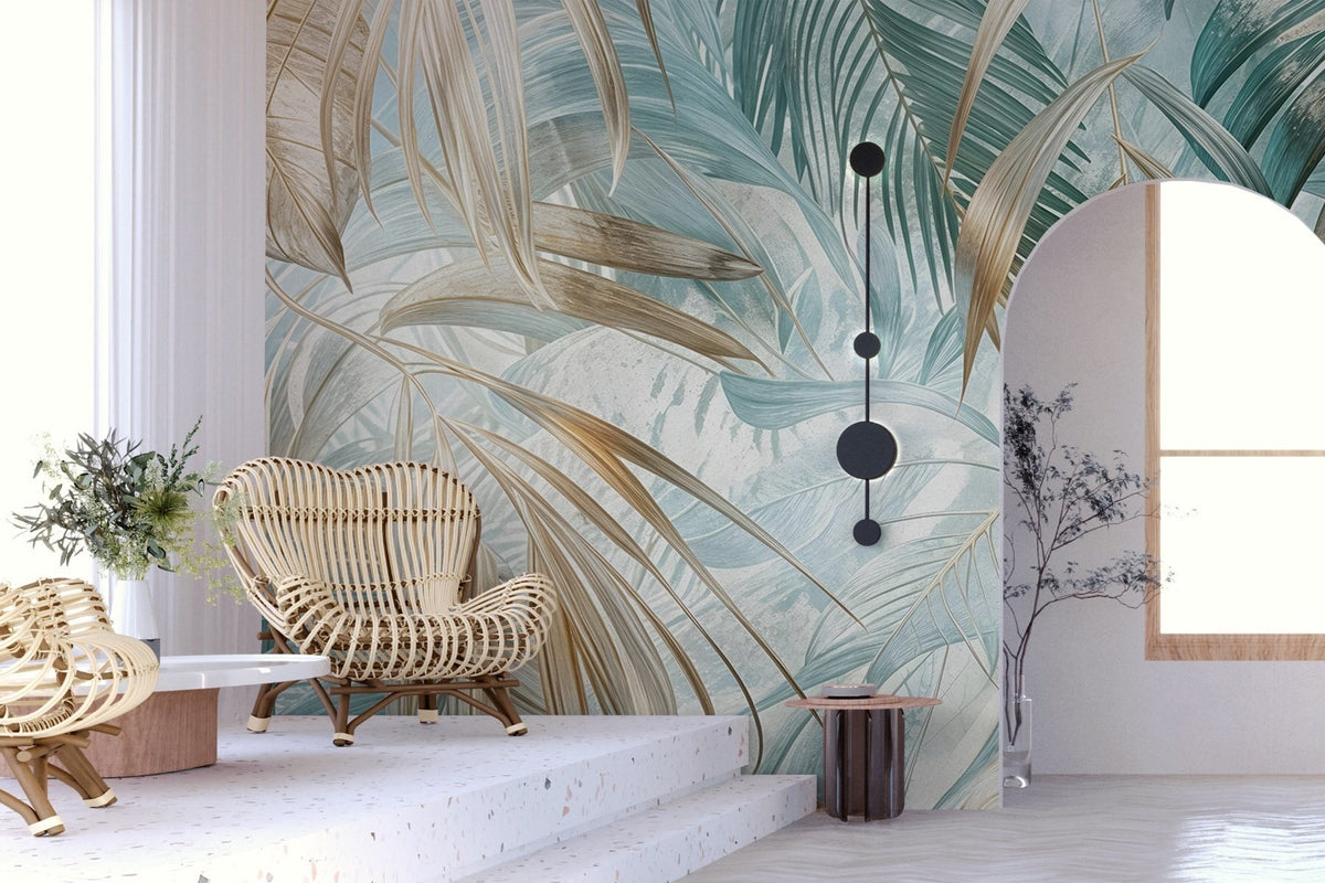 Papier peint Entrelacs tropicaux turquoise
