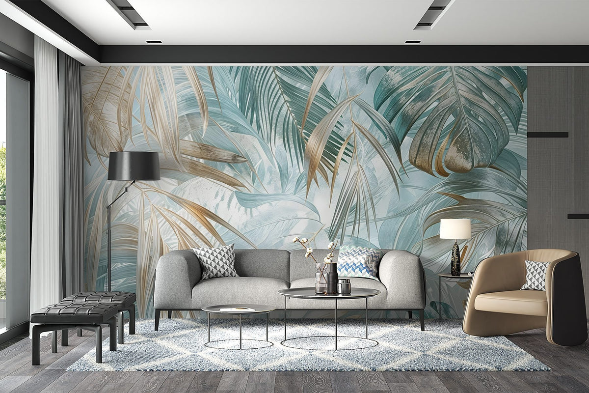 Papier peint Entrelacs tropicaux turquoise