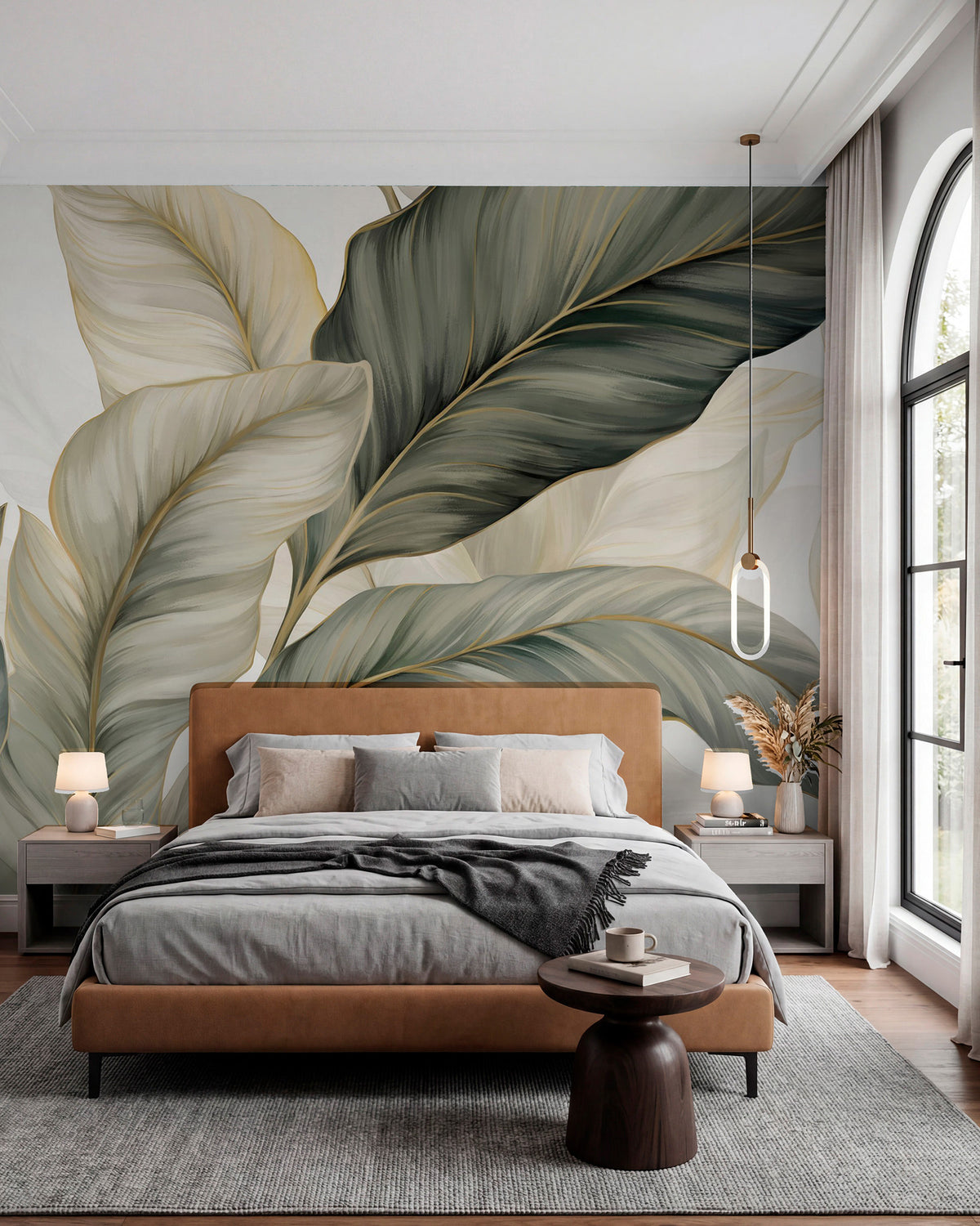 Papier peint Rubans de feuilles vert sauge
