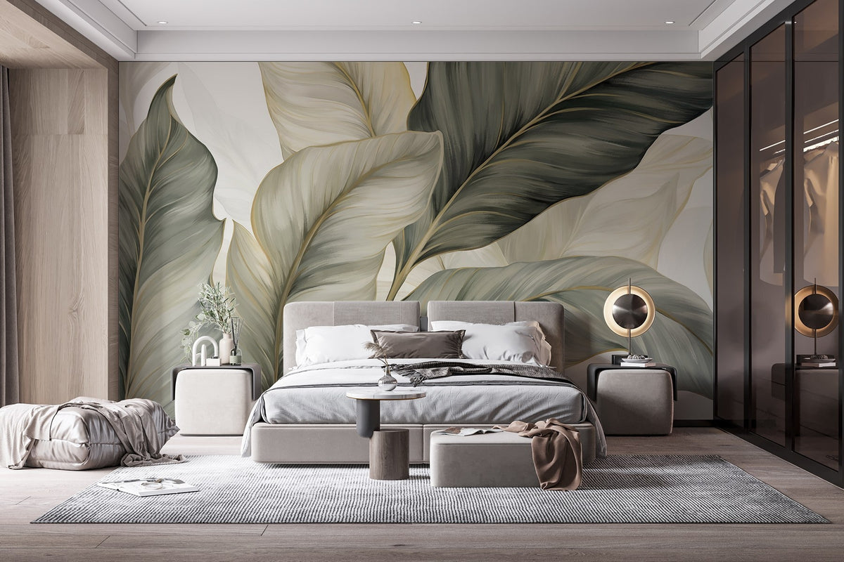 Papier peint Rubans de feuilles vert sauge