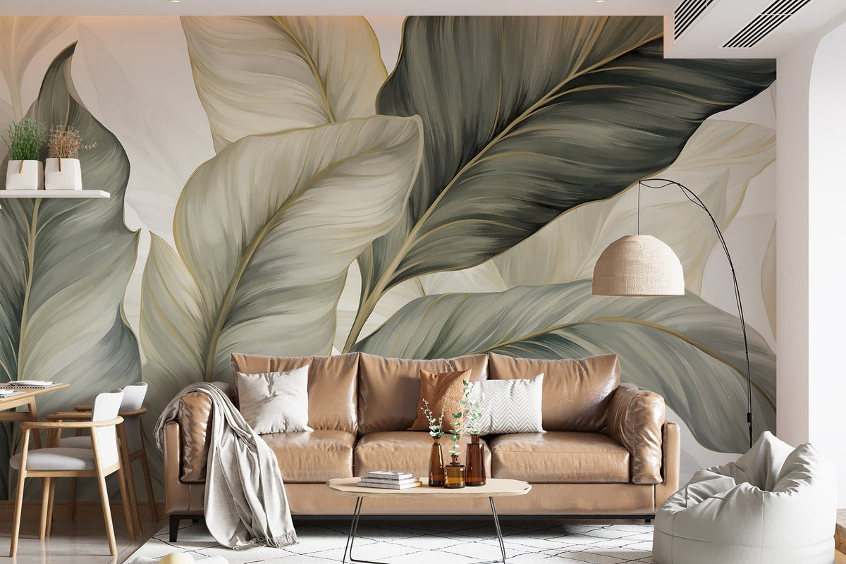 Papier peint Rubans de feuilles vert sauge