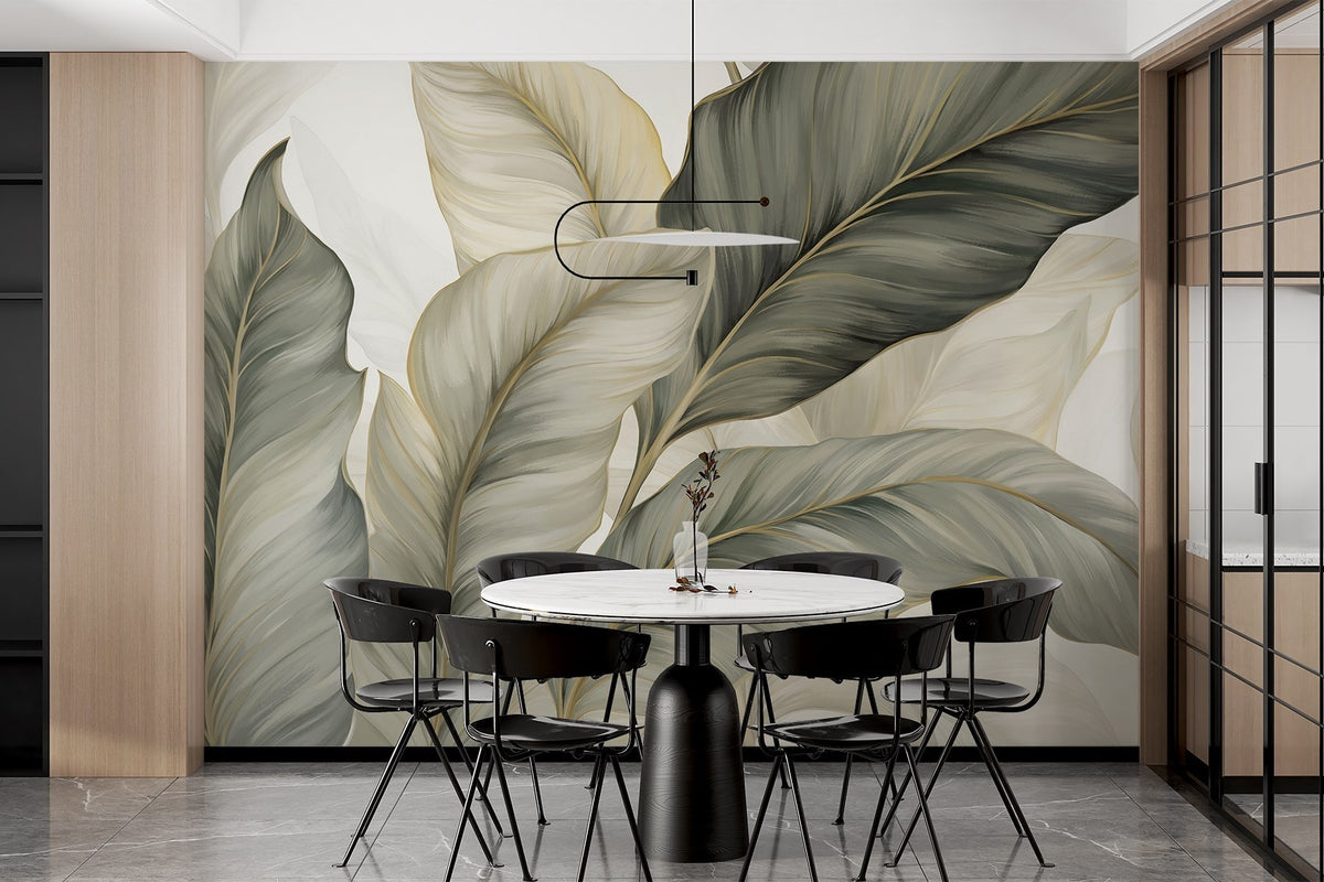 Papier peint Rubans de feuilles vert sauge