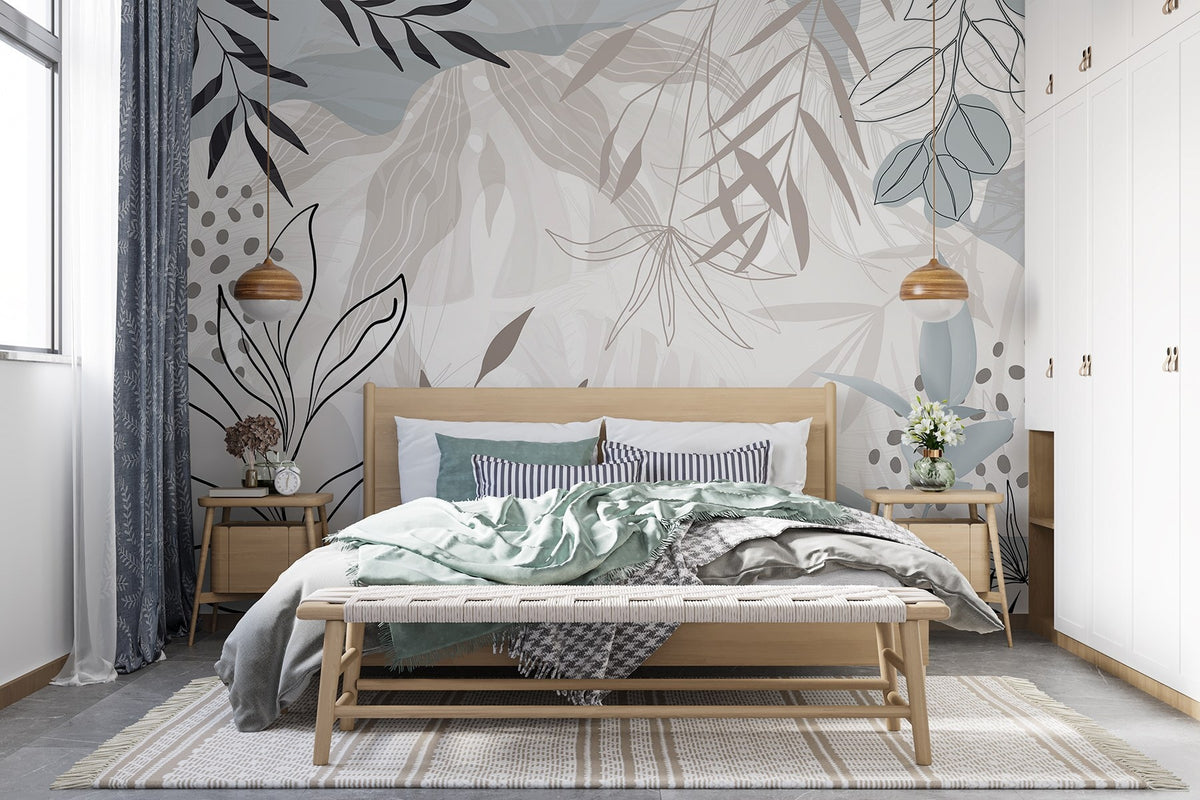 Papier peint Feuilles au trait moderne