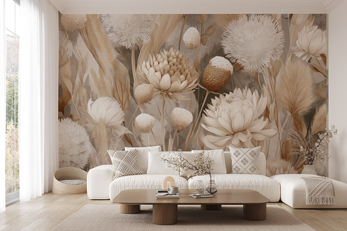 Papier peint Fleurs séchées en crème