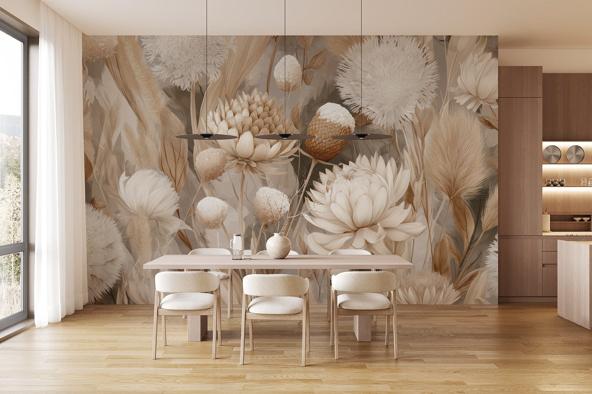Papier peint Fleurs séchées en crème