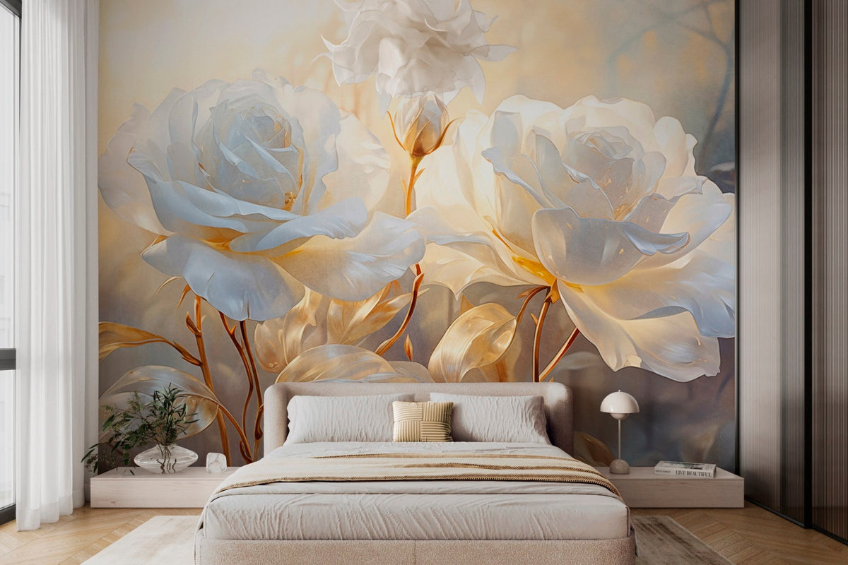 Papier peint Roses blanches, tiges dorées