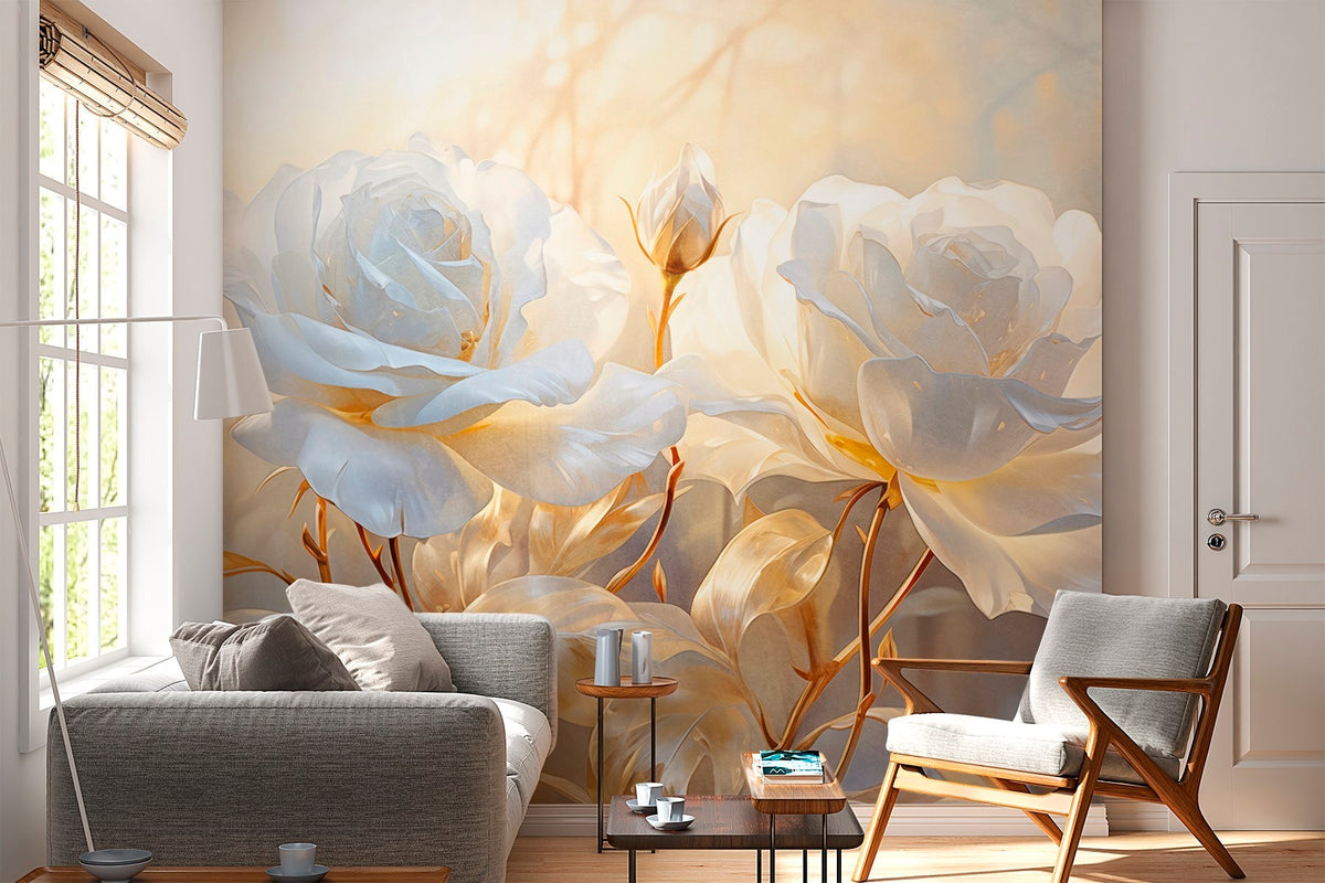 Papier peint Roses blanches, tiges dorées