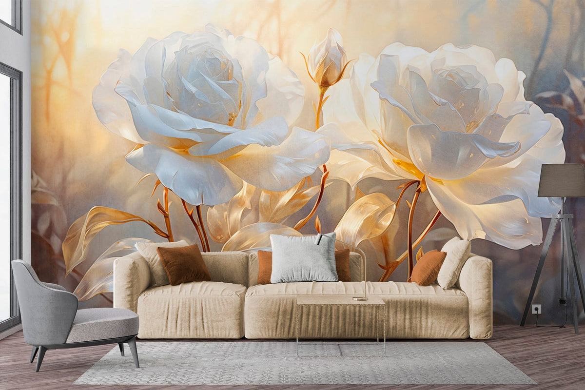 Papier peint Roses blanches, tiges dorées