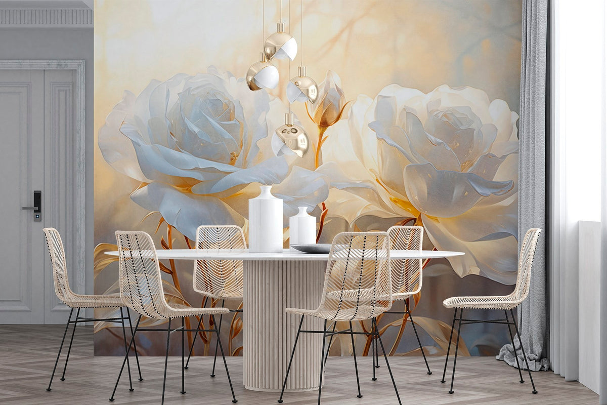 Papier peint Roses blanches, tiges dorées