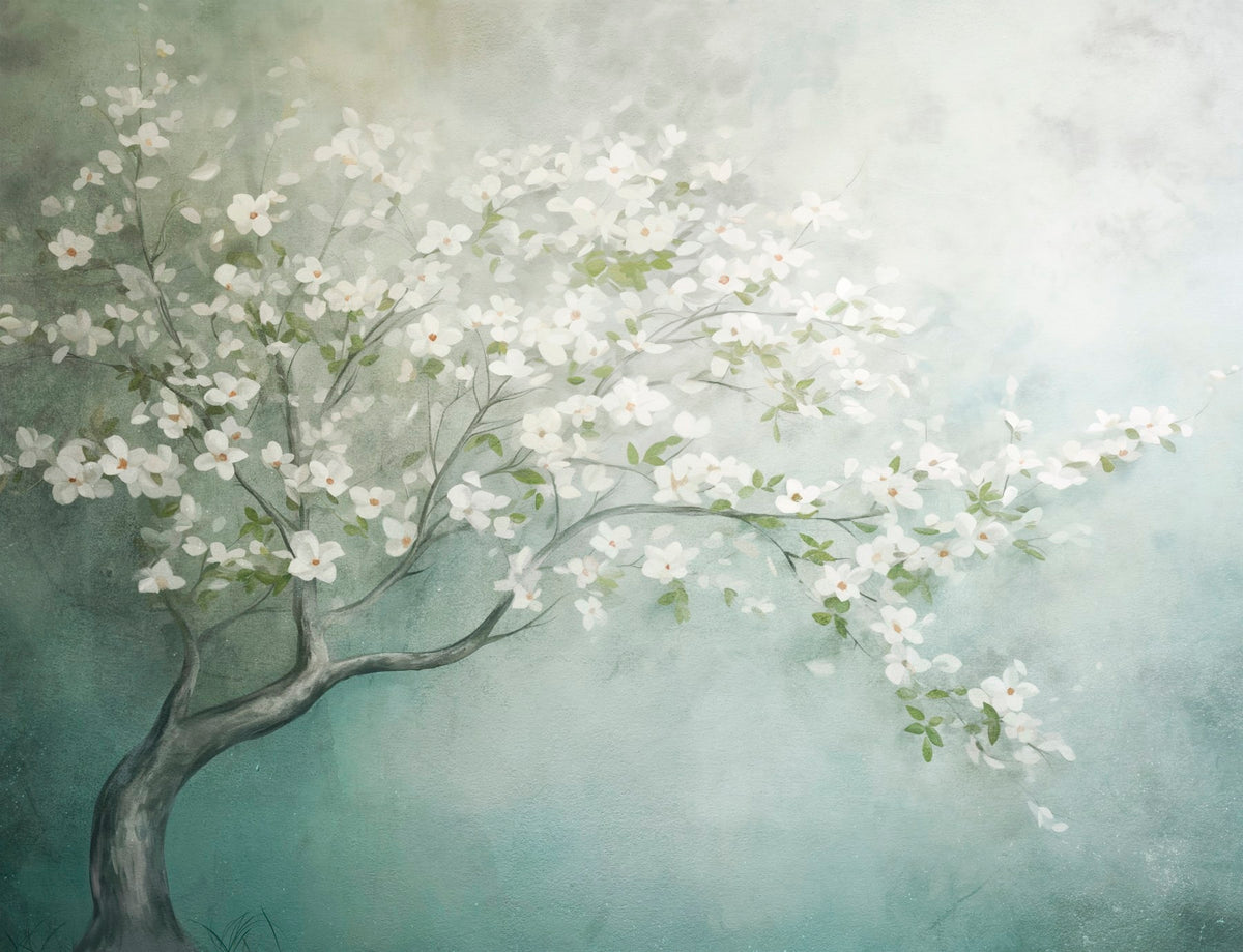 Papier peint Fleurs blanches sur vert
