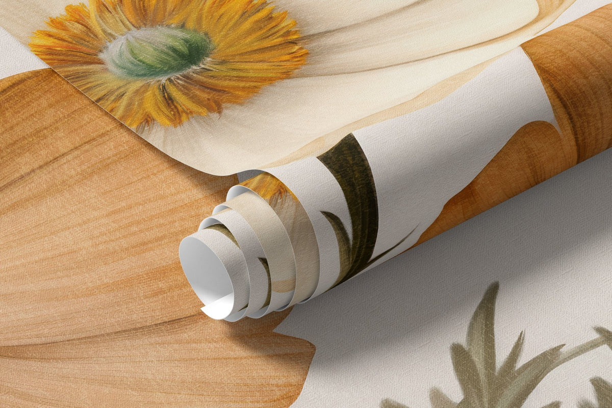 Papier peint Pavots ocre et ivoire