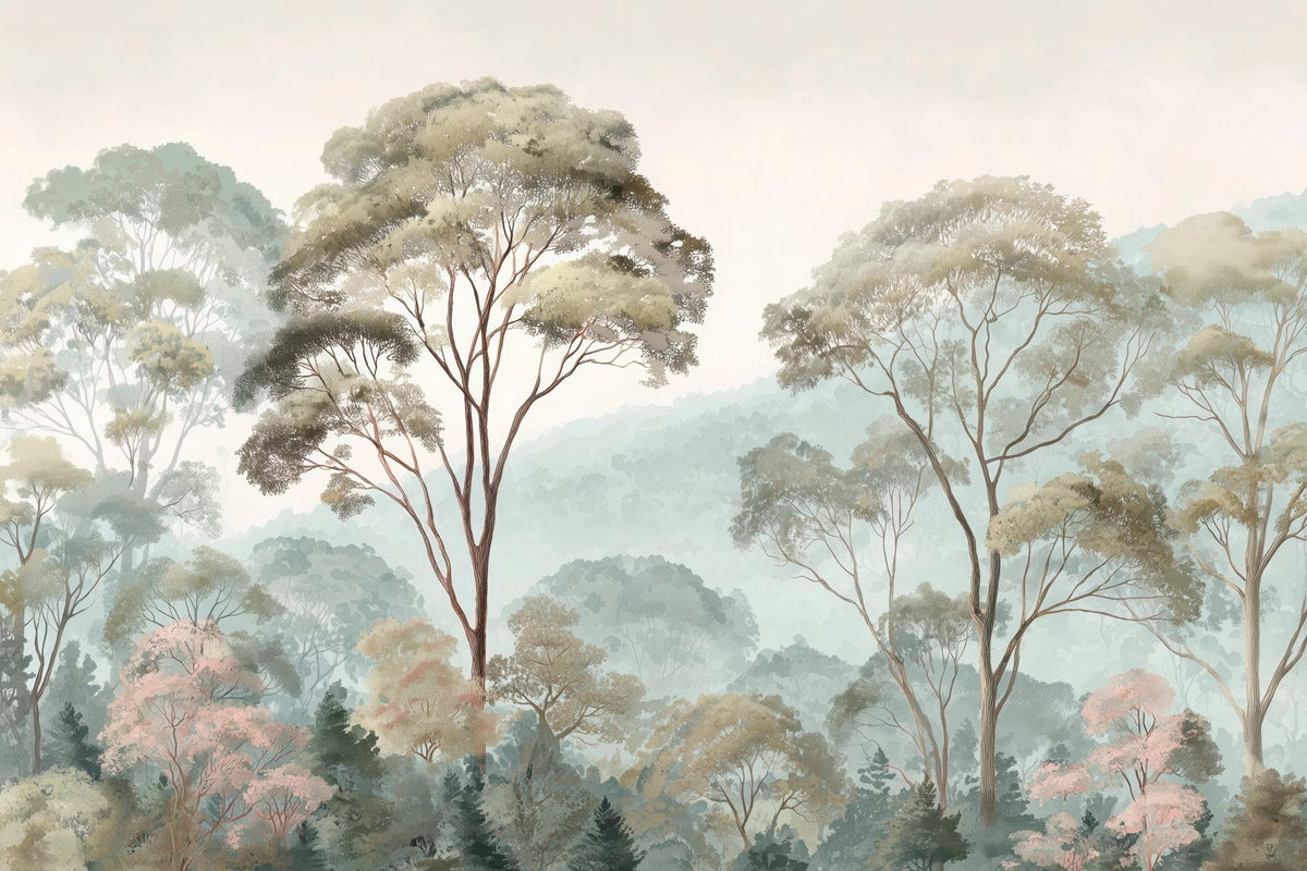 Papier peint Arbres dans la brume du matin — mise en situation