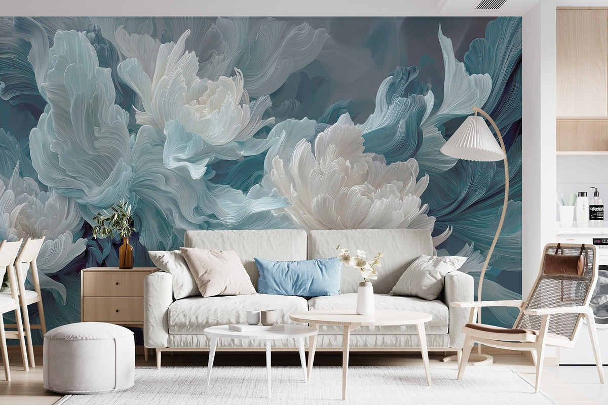 Papier peint Fleurs bleues sur fond pétrole