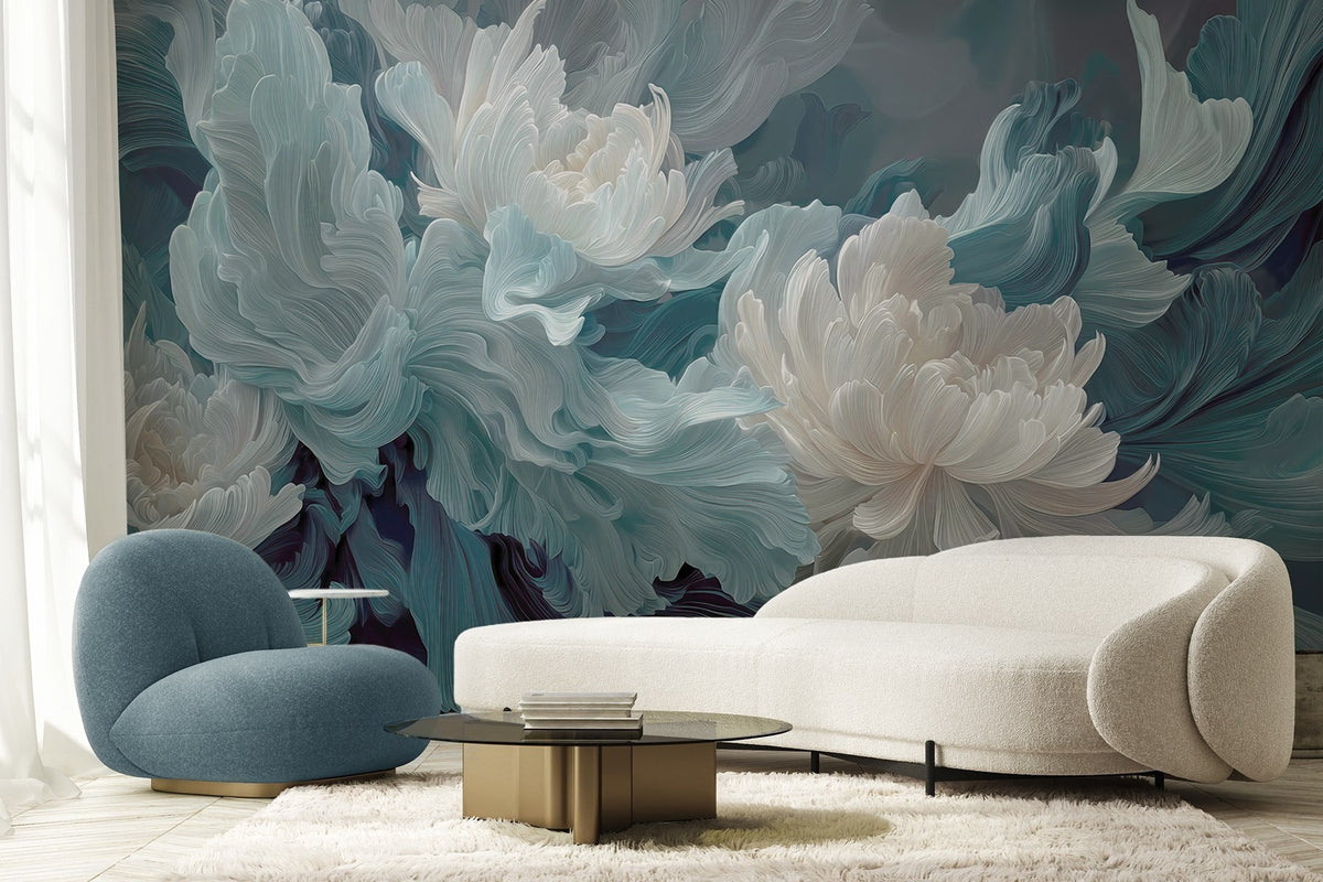 Papier peint Fleurs bleues sur fond pétrole