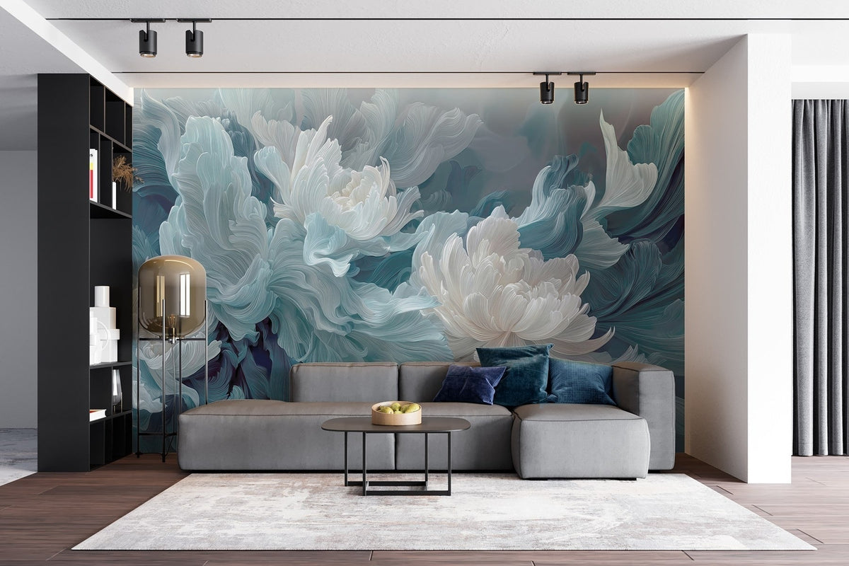 Papier peint Fleurs bleues sur fond pétrole