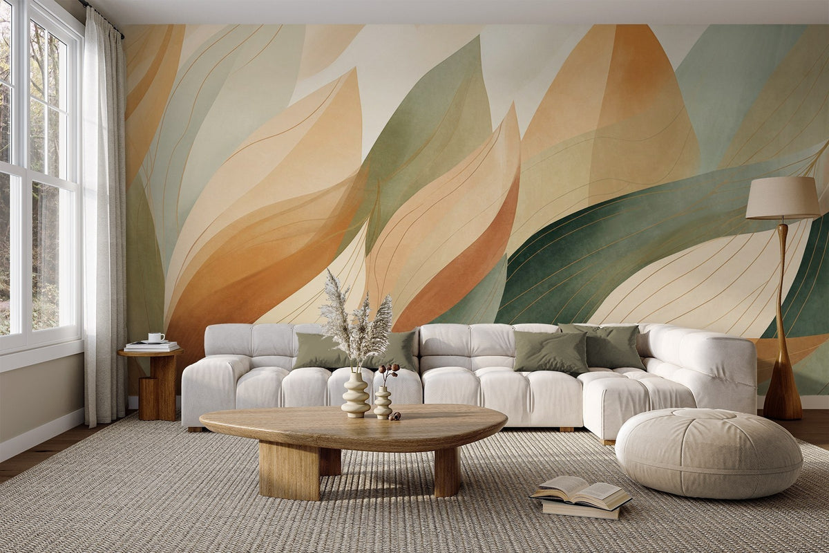 Papier peint Feuilles ocre et mousse